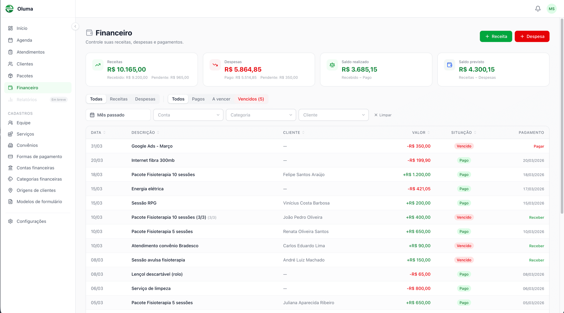 Financeiro — Tabela de transações