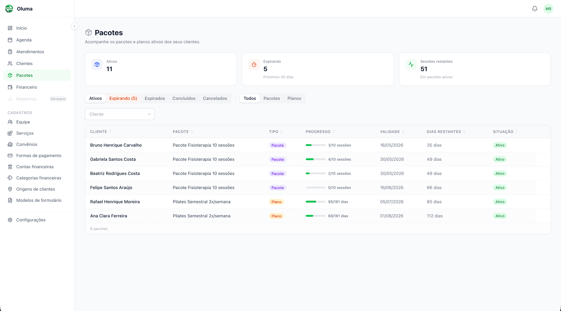 Pacotes — Lista com barras de progresso