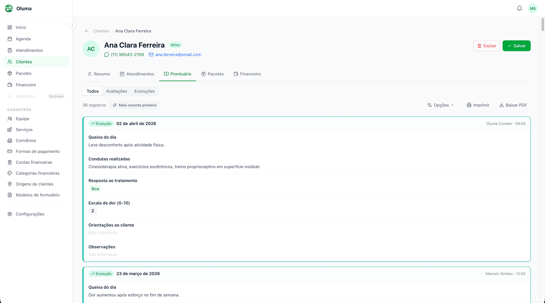 Prontuário — Formulário de avaliação